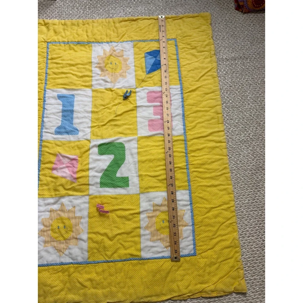 Vintage Handmade Baby Quilt Yellow Polka Dot Sun 123 Nursery Blanket crib